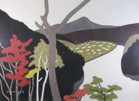 斎藤清　秋の只見川　下椿 1986年　絵画（木版画）作品